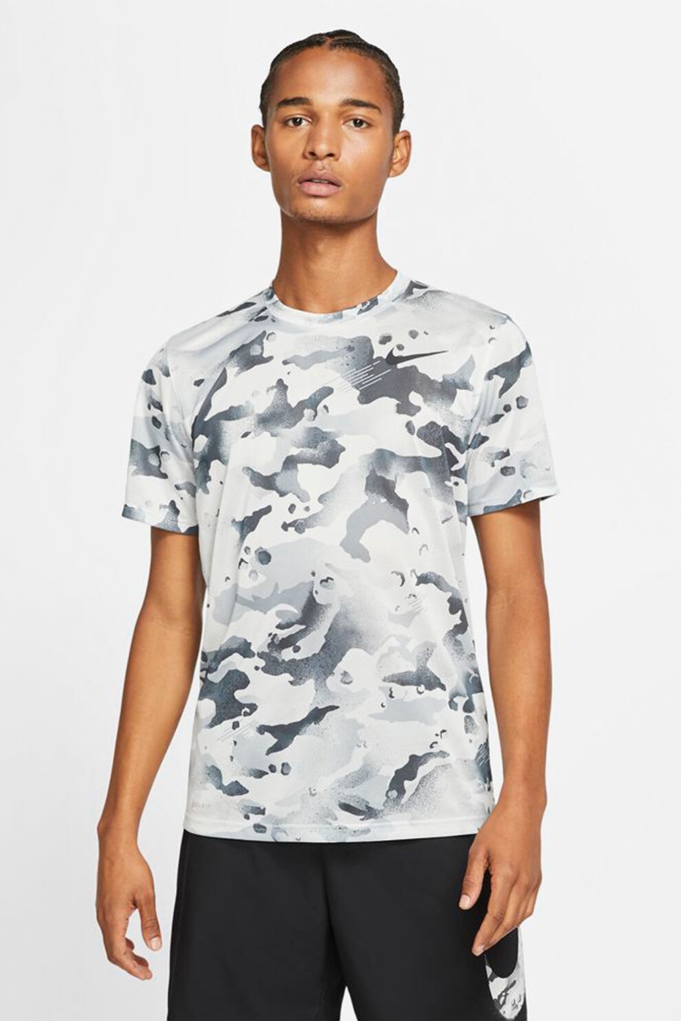 Nike, Tricou cu model camuflaj si tehnologie Dri-Fit, pentru antrenament, Alb/Gri