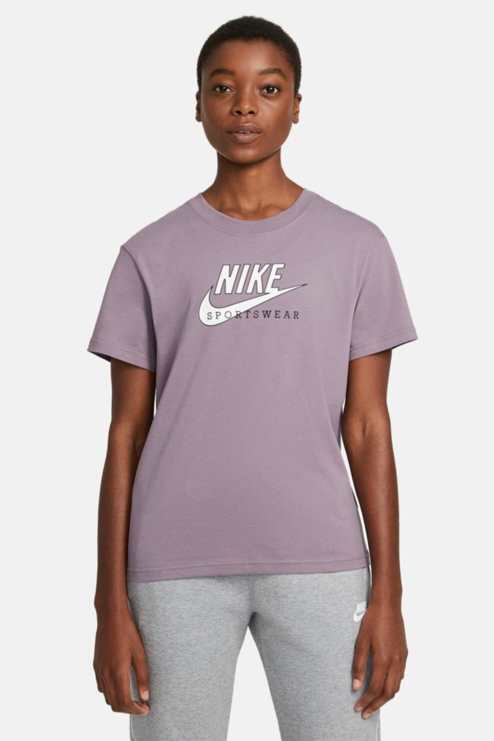 Nike, Tricou cu decolteu la baza gatului si imprimeu logo Heritage, Violet prafuit/Alb
