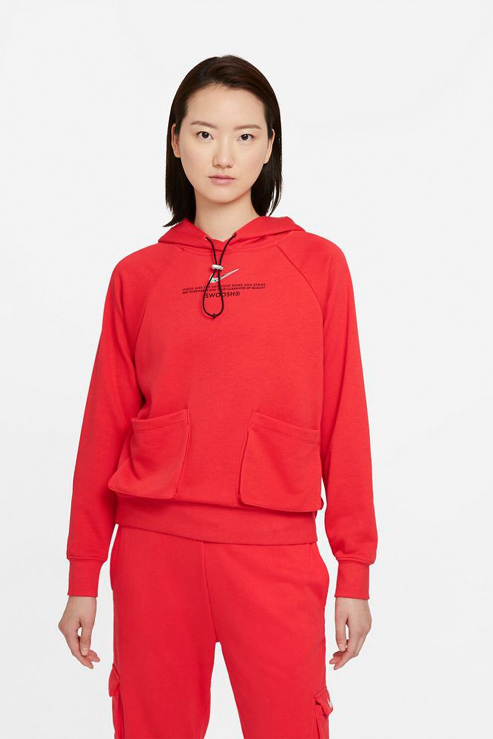 Nike, Hanorac cu maneci raglan si buzunare aplicate Swoosh, Rosu vermilion