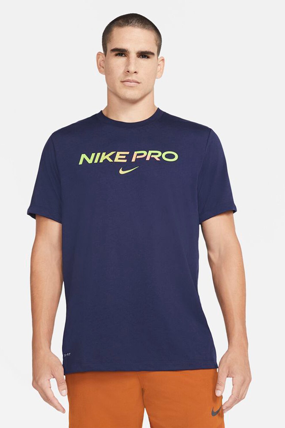 Nike, Tricou cu tehnologie Dri-Fit si imprimeu logo, pentru fitness Pro, Albastru inchis