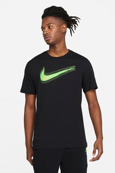 Nike, Tricou cu imprimeu logo si decolteu la baza gatului, Negru/Verde electric Nike, Tricou cu imprimeu logo si decolteu la baza gatului, Negru/Verde electric