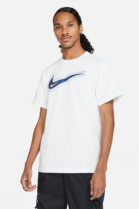 Nike, Tricou cu imprimeu logo si decolteu la baza gatului Sportswear Swoosh, Alb/Albastru indigo