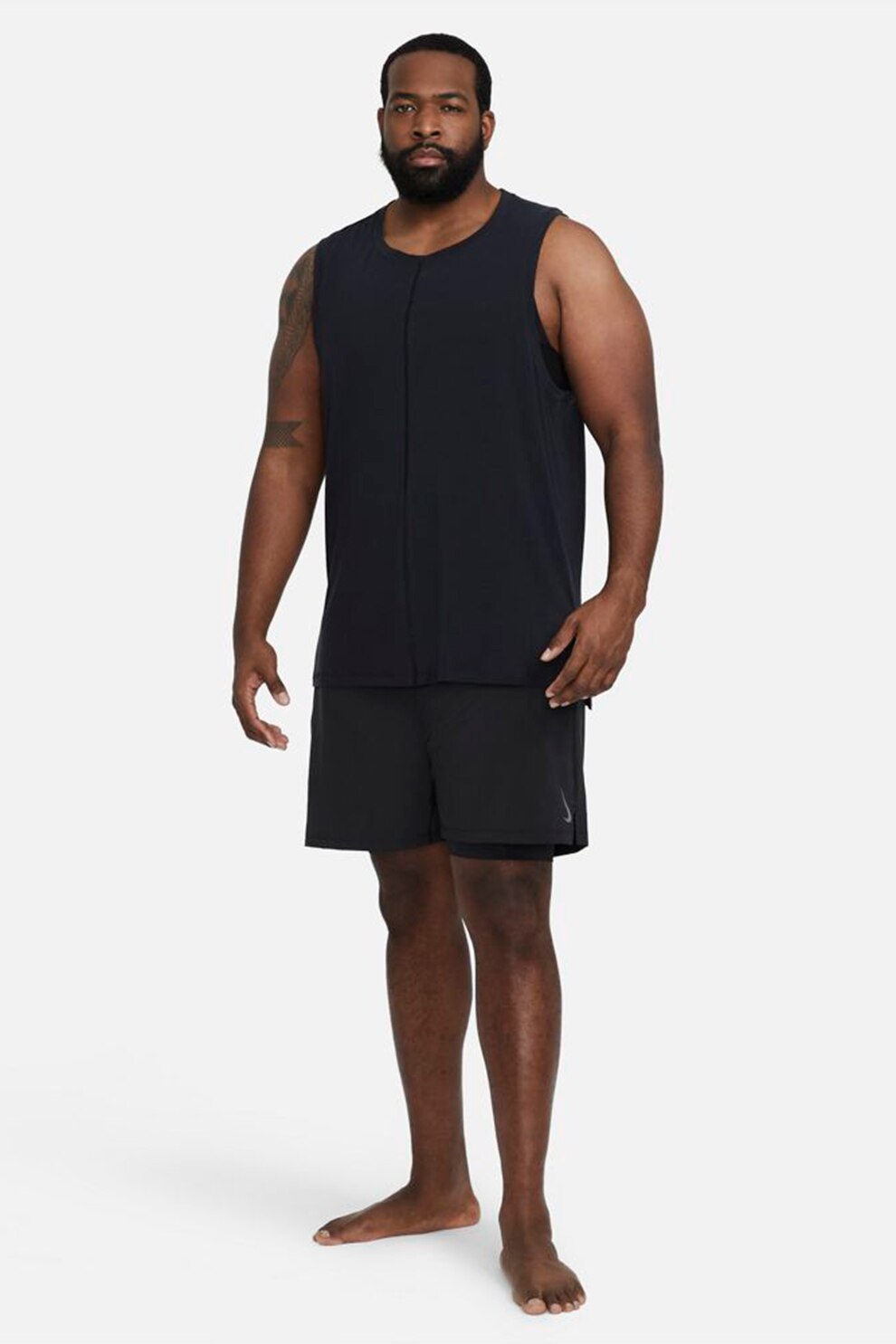 Nike, Pantaloni scurti cu aspect 2in1 si tehnologie Dri-Fit pentru yoga, Negru