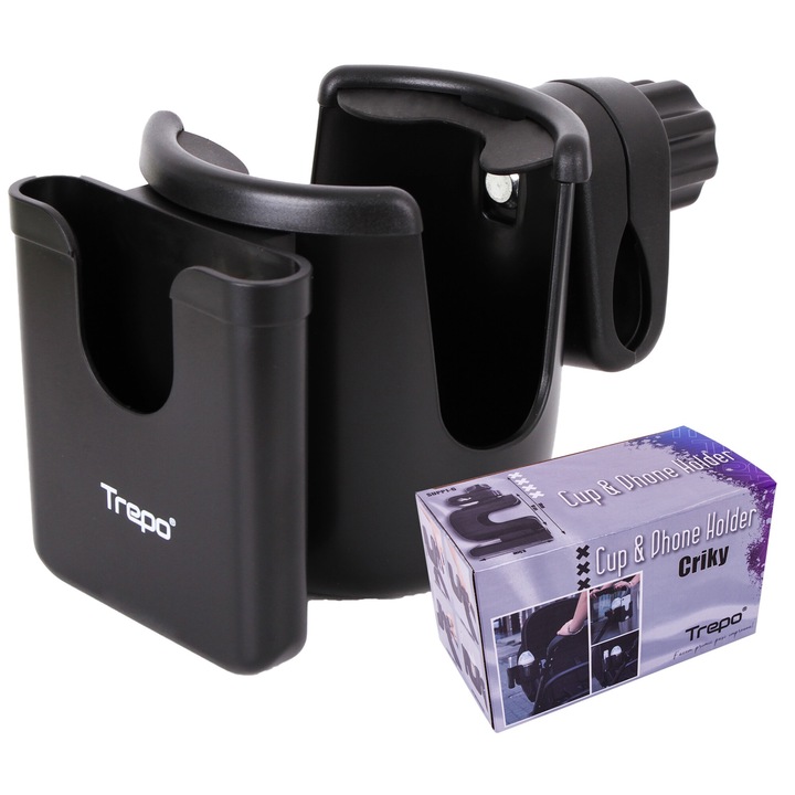 Suport Pahar / Biberon / Telefon pentru Carucior / Bicicleta TREPO®, 2 in 1, Prindere 360° Universala si Stabila, Negru