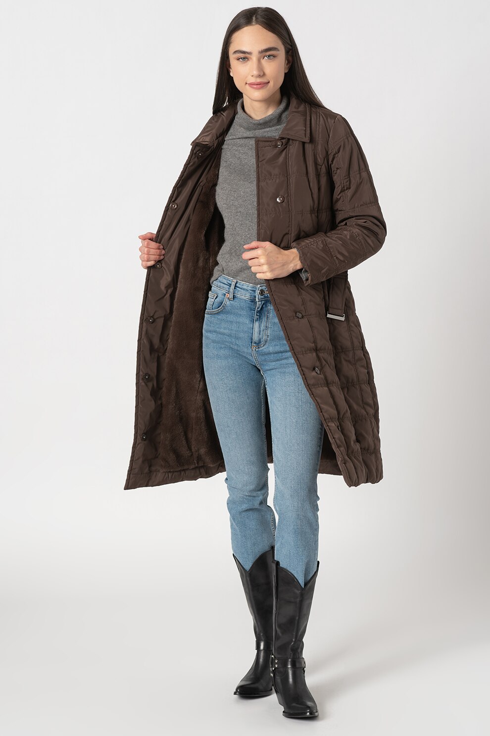 FEDERICA COSTA, Geaca lunga cu aspect matlasat, Maro