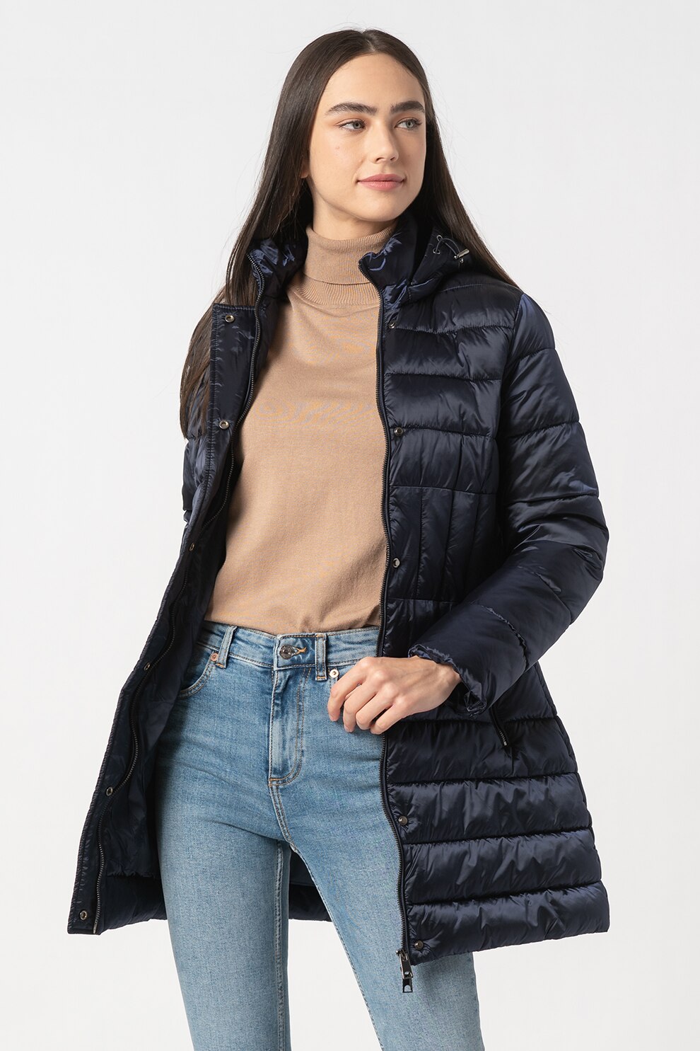 FEDERICA COSTA, Geaca lunga cu aspect matlasat, Bleumarin