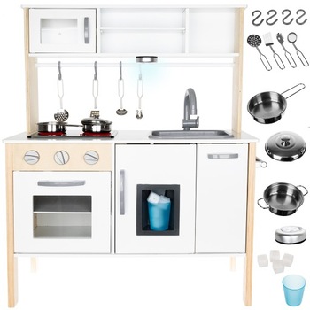 Bucatarie de lemn idealSTORE Chef's Delight, Echipata cu chiuveta, Plita cu inductie si aparat de gheata, Confectionata din lemn de inalta calitate, Dotata cu o lampa functionala si cu o multitudine de ustensile si accesorii Bucatarie de lemn idealSTORE Chef's Delight, Echipata cu chiuveta, Plita cu inductie si aparat de gheata, Confectionata din lemn de inalta calitate, Dotata cu o lampa functionala si cu o multitudine de ustensile si accesorii