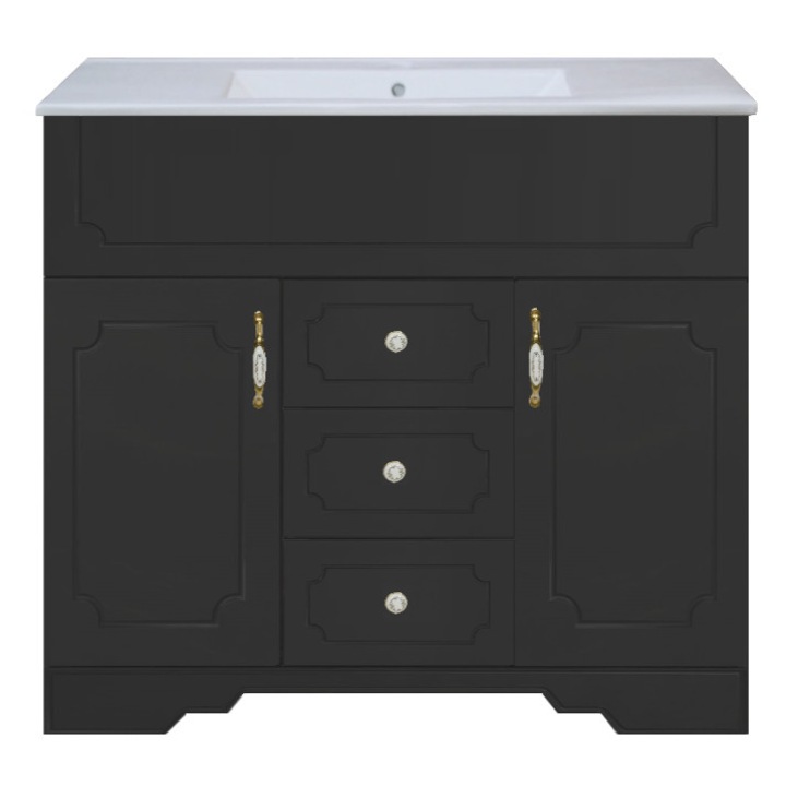 Set baza mobilier baie Malaga 90 cm, cu lavoar ceramic, Negru / Alb