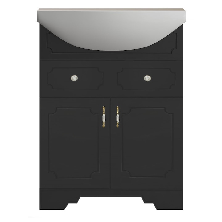 Set baza mobilier baie Malaga 60 cm cu lavoar ceramic, Negru / Alb