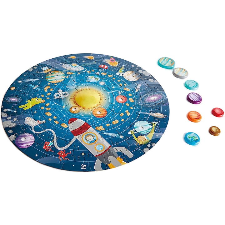 Puzzle, Hape, cu 102 piese reprezentand sistemul solar, pentru dezvoltarea dexteritatii si a coordonarii mana ochi, pentru copiii peste 5 ani