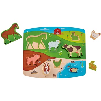 Puzzle, Hape, cu 9 piese din lemn, ferma animalelor, pentru dezvoltarea dexteritatii si a coordonarii mana ochi, pentru copiii peste un an Puzzle, Hape, cu 9 piese din lemn, ferma animalelor, pentru dezvoltarea dexteritatii si a coordonarii mana ochi, pentru copiii peste un an