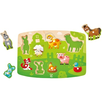 Puzzle, Hape, cu 10 piese din lemn, animale din ferma, pentru dezvoltarea dexteritatii si a coordonarii mana ochi, pentru copiii peste un an Puzzle, Hape, cu 10 piese din lemn, animale din ferma, pentru dezvoltarea dexteritatii si a coordonarii mana ochi, pentru copiii peste un an