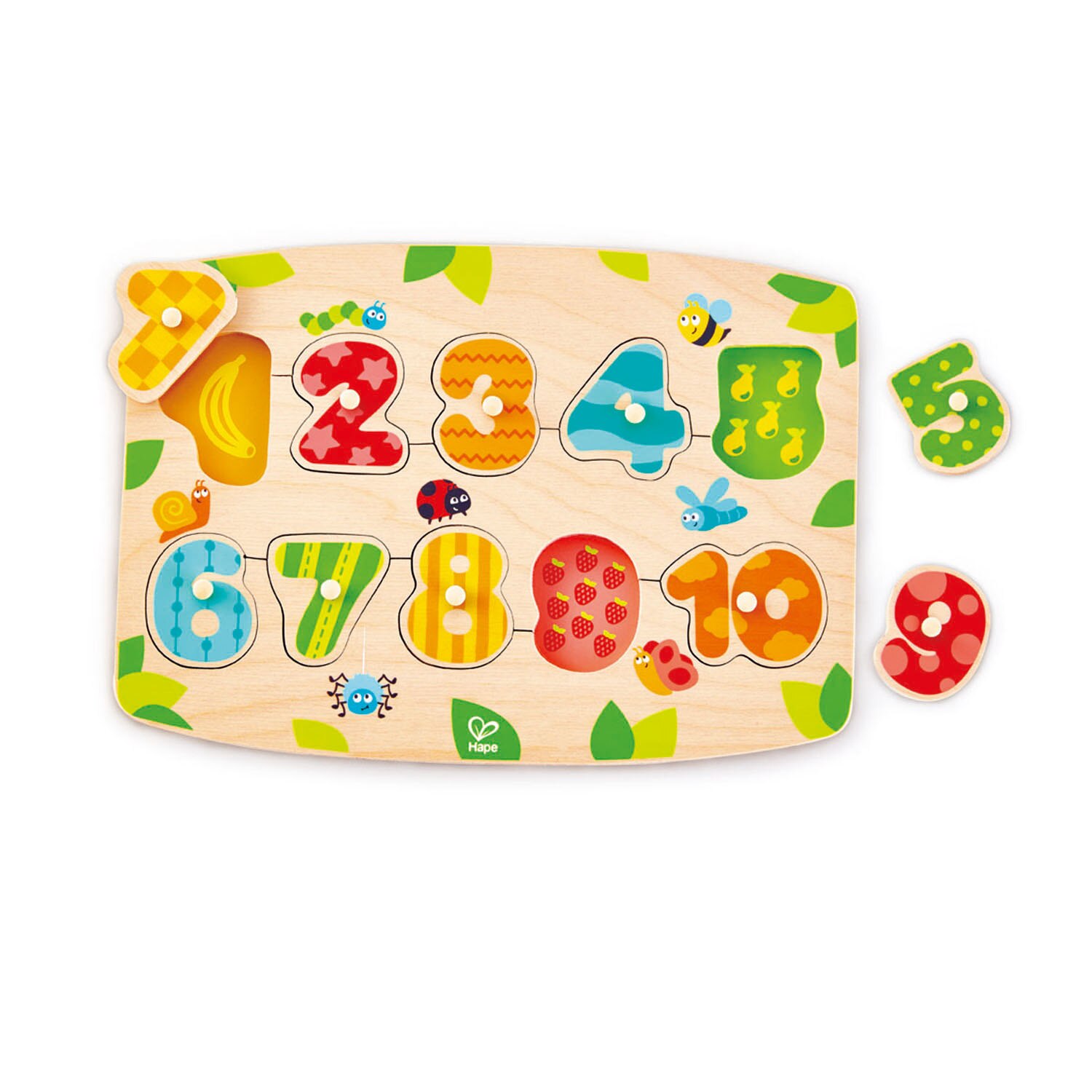 Puzzle, Hape, cu 10 cifre din lemn, pentru dezvoltarea dexteritatii si a coordonarii mana ochi, pentru copiii peste un an