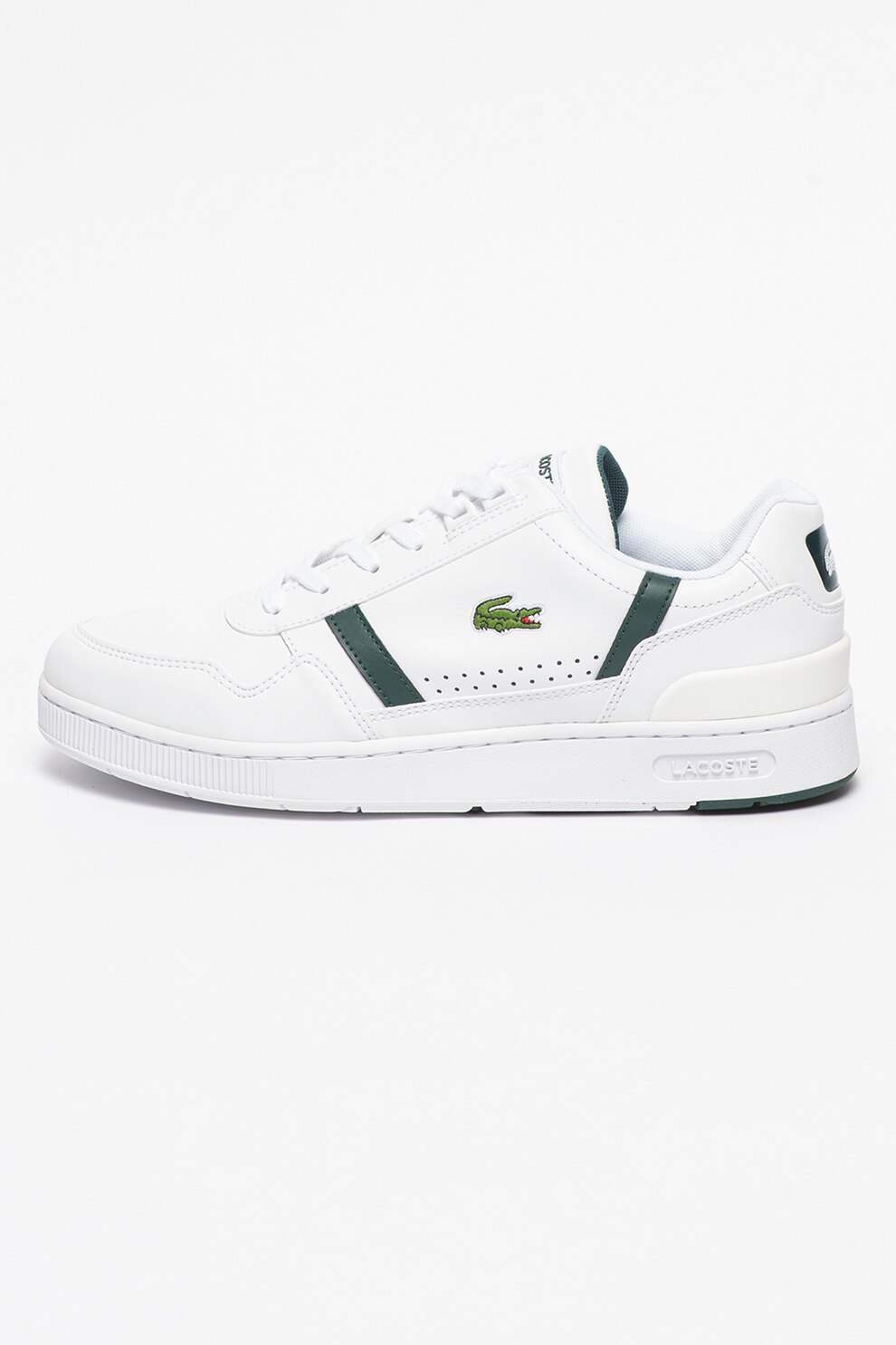 Lacoste, Pantofi sport cu insertii de piele T-Clip, Alb/Verde forest, 44