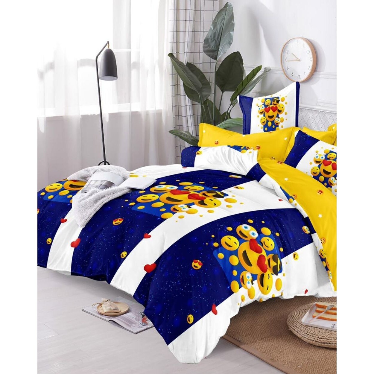 Set Lenjerie Finet, Cearceaf de Pat cu Elastic, 6 Piese, Pat 2 Persoane, Emoji
