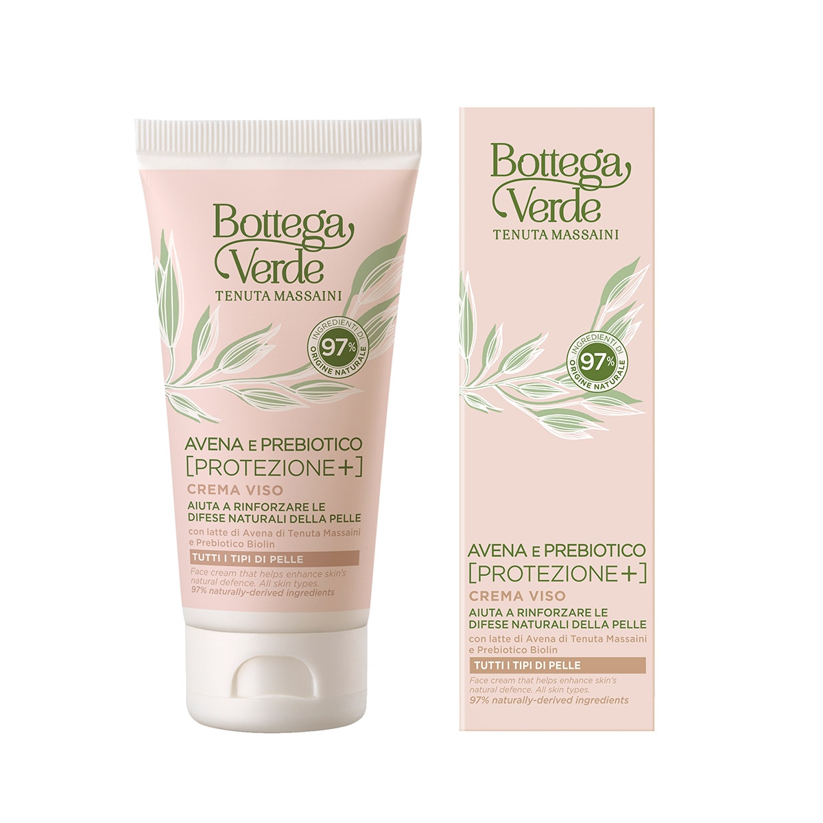 Crema pentru fata, protectoare, cu lapte de ovaz de la Domeniul Massaini si Biolin Prebiotic, 97% ingrediente naturale - Avena e Prebiotico, 50 ML, Bottega Verde