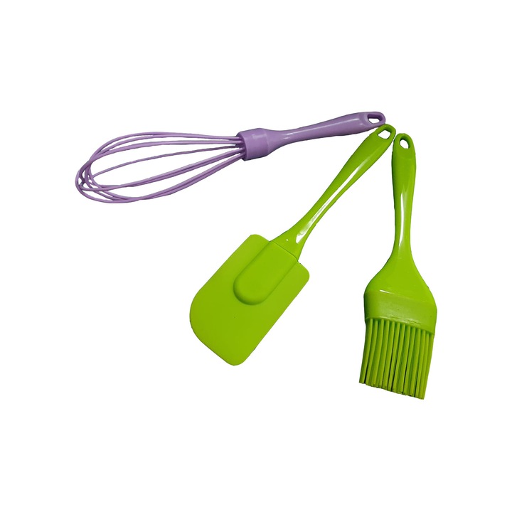 Set 3 ustensile bucatarie, pensula+ paleta+ tel, PVC+ silicon, verde