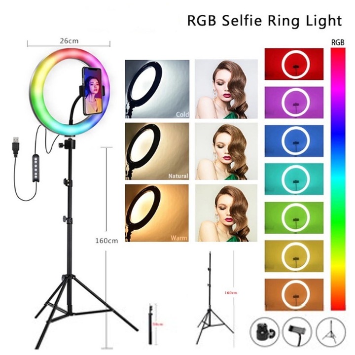 RGB Selfie Lámpa Állvánnyal Színes 26 cm Ring Light