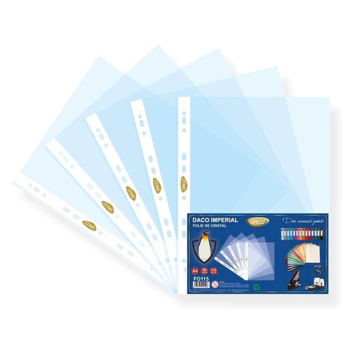 Set Folii Cristal de Protectie Documente DACO Imperial, 50 Buc, A4, Margine Multiperforata pentru Arhivare