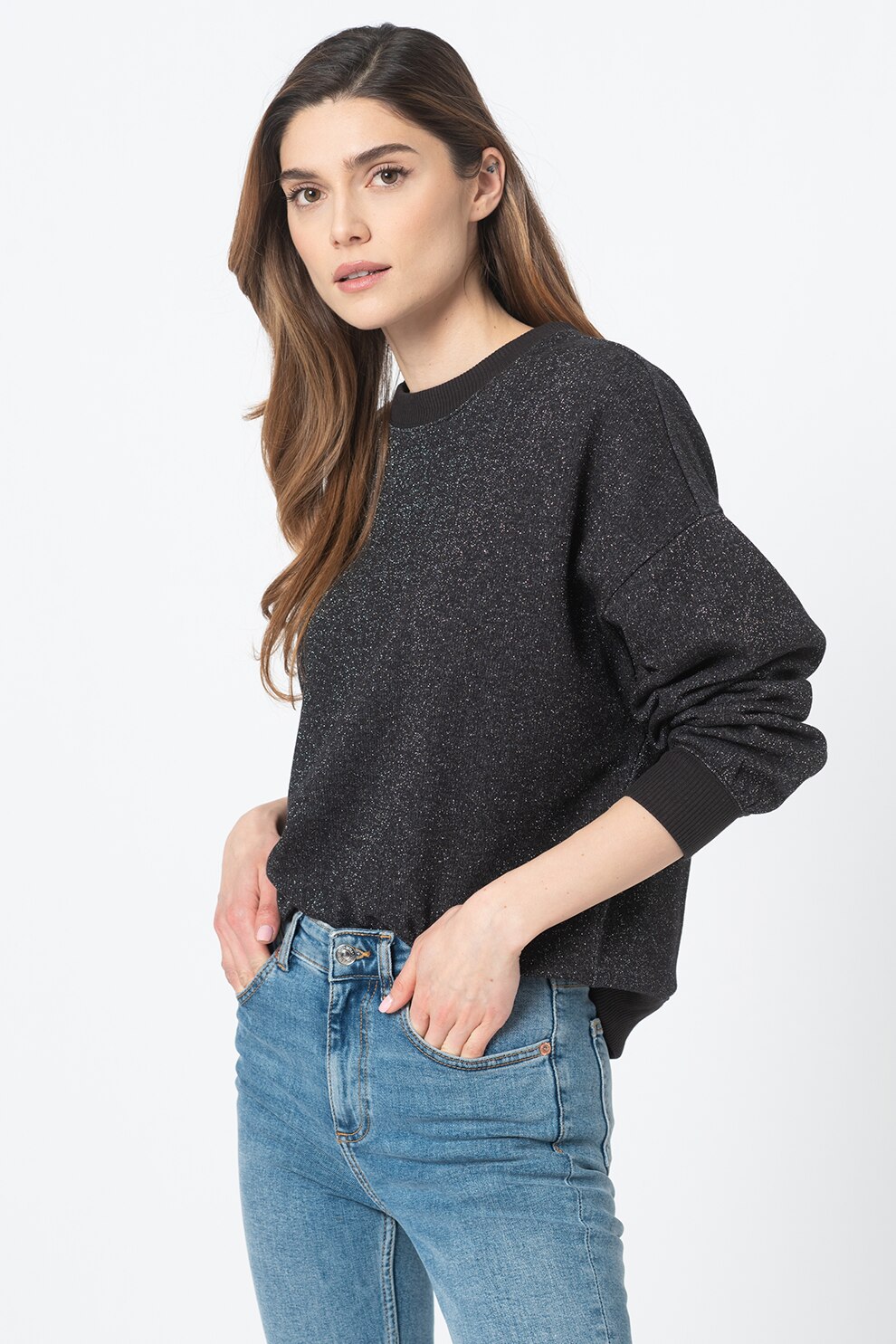 GAP, Bluza cu maneci cazute si aspect stralucitor, Negru/Argintiu