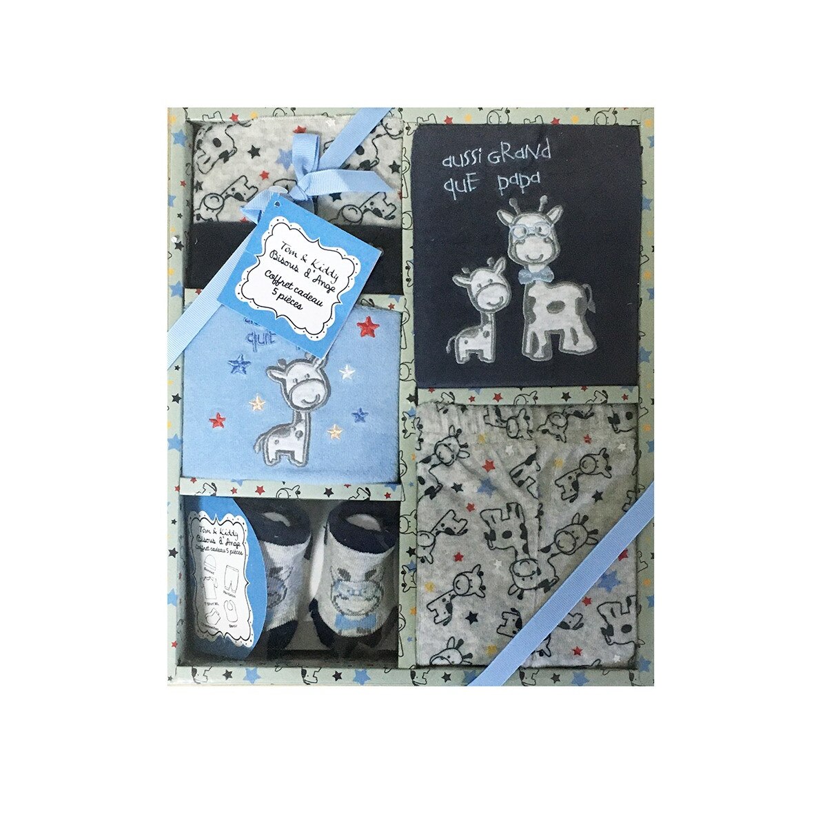Set cadou nou-nascut, Tom Kids, din 5 piese, Girafa, albastru, 0-6 luni