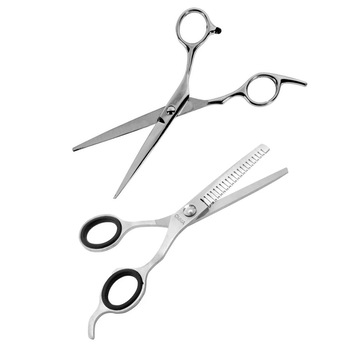 Set Frizerie format din doua Foarfece profesionale frizer pentru tuns si filat, Otel inoxidabil, 16.5 cm, Gri, 2 piese Set Frizerie format din doua Foarfece profesionale frizer pentru tuns si filat, Otel inoxidabil, 16.5 cm, Gri, 2 piese