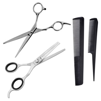 Set Frizerie format din doua Foarfece profesionale frizer si 2 Piepteni pentru coafura, 16.51 cm, Gri/Negru, 4 piese Set Frizerie format din doua Foarfece profesionale frizer si 2 Piepteni pentru coafura, 16.51 cm, Gri/Negru, 4 piese