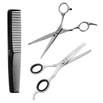 Set Frizerie format din doua Foarfece profesionale pentru tuns si Pieptene de par, 17 cm, Gri/Negru, 3 piese Set Frizerie format din doua Foarfece profesionale pentru tuns si Pieptene de par, 17 cm, Gri/Negru, 3 piese
