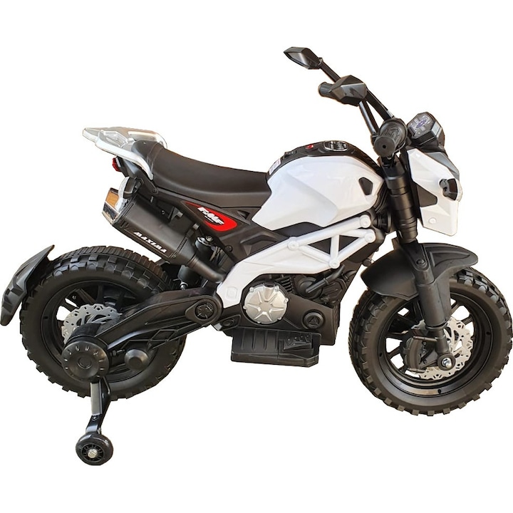 NOVOKIDS Enduro Moto Maxima elektromos motorkerékpár akkumulátorral gyerekeknek, 3-8 év, max 40 kg, Zenével és Fényekkel, Hátsó felfüggesztés, Segédkerekek, Sebesség a kormányról, Fényes fényszórók, Fehér / fekete