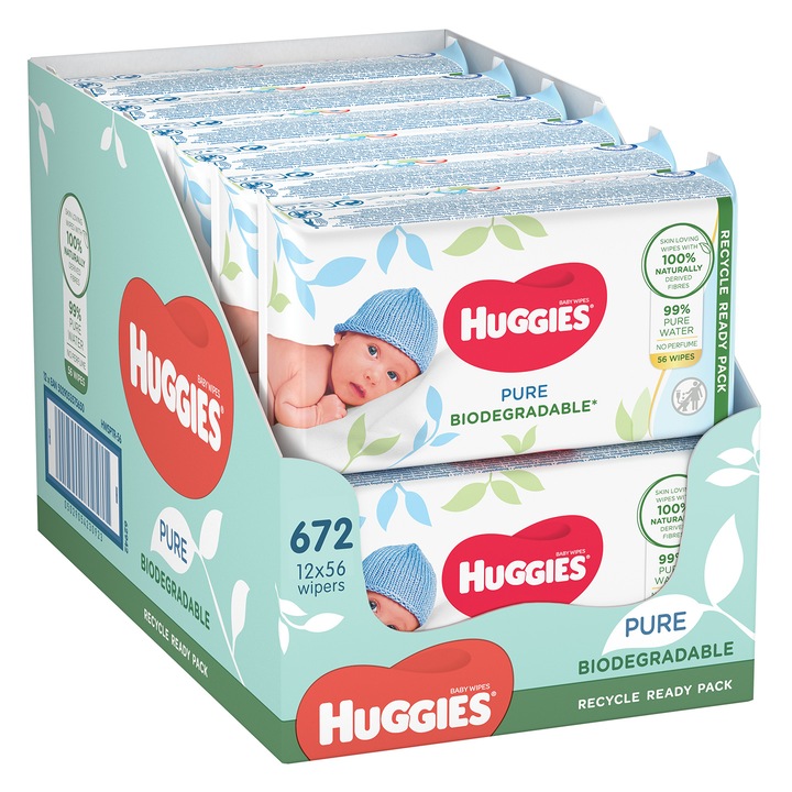 Servetele umede Huggies Pure Biodegradabile, 12 pachete x 56, 672 buc