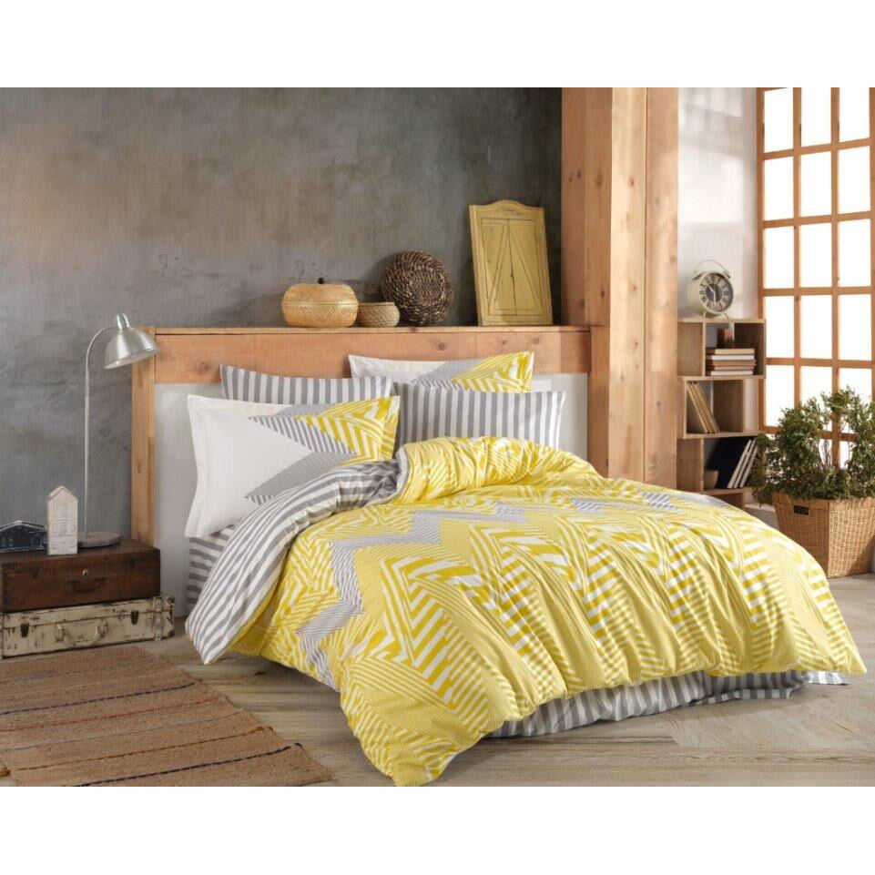Lenjerie de pat bumbac Hobby Daniela Yellow, pentru pat dublu, 4 piese, 200x220 / 50x70, 100% bumbac poplin