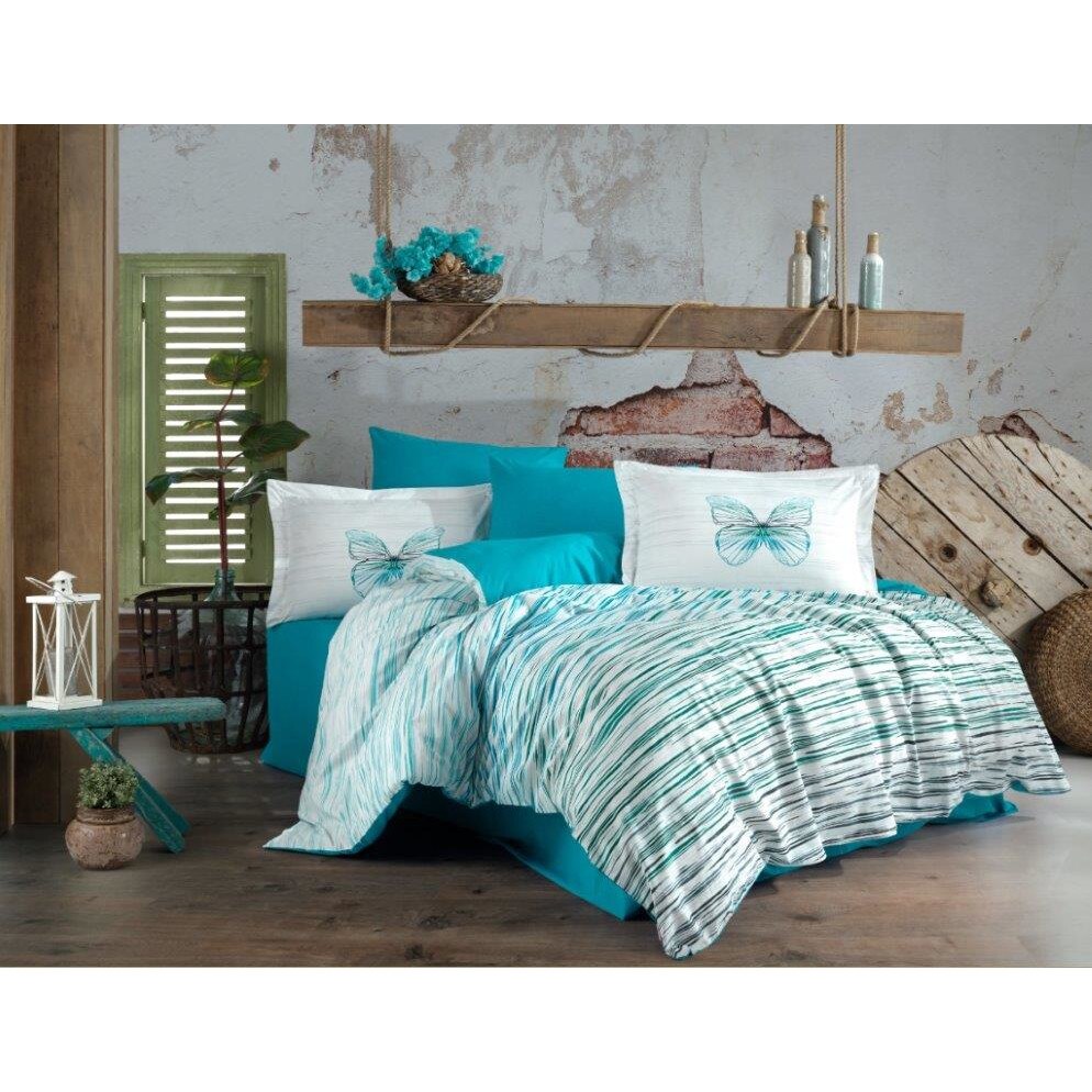 Lenjerie de pat bumbac Hobby Eldora Turqoaz, pentru pat dublu, 4 piese, 200x220 / 50x70, 100% bumbac poplin