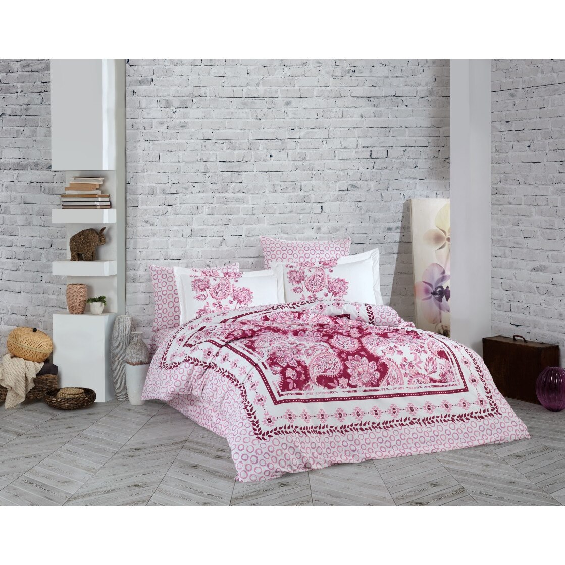 Lenjerie de pat bumbac Hobby Escoda Bordo, pentru pat dublu, 4 piese, 200x220 / 50x70, 100% bumbac poplin