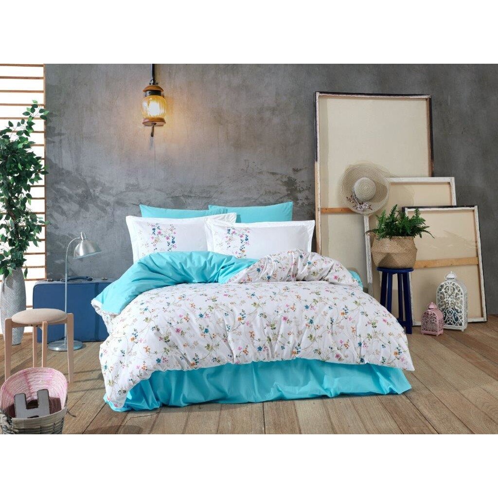 Lenjerie de pat bumbac Hobby Orient Turqoaz, pentru pat dublu, 4 piese, 200x220 / 50x70, 100% bumbac poplin