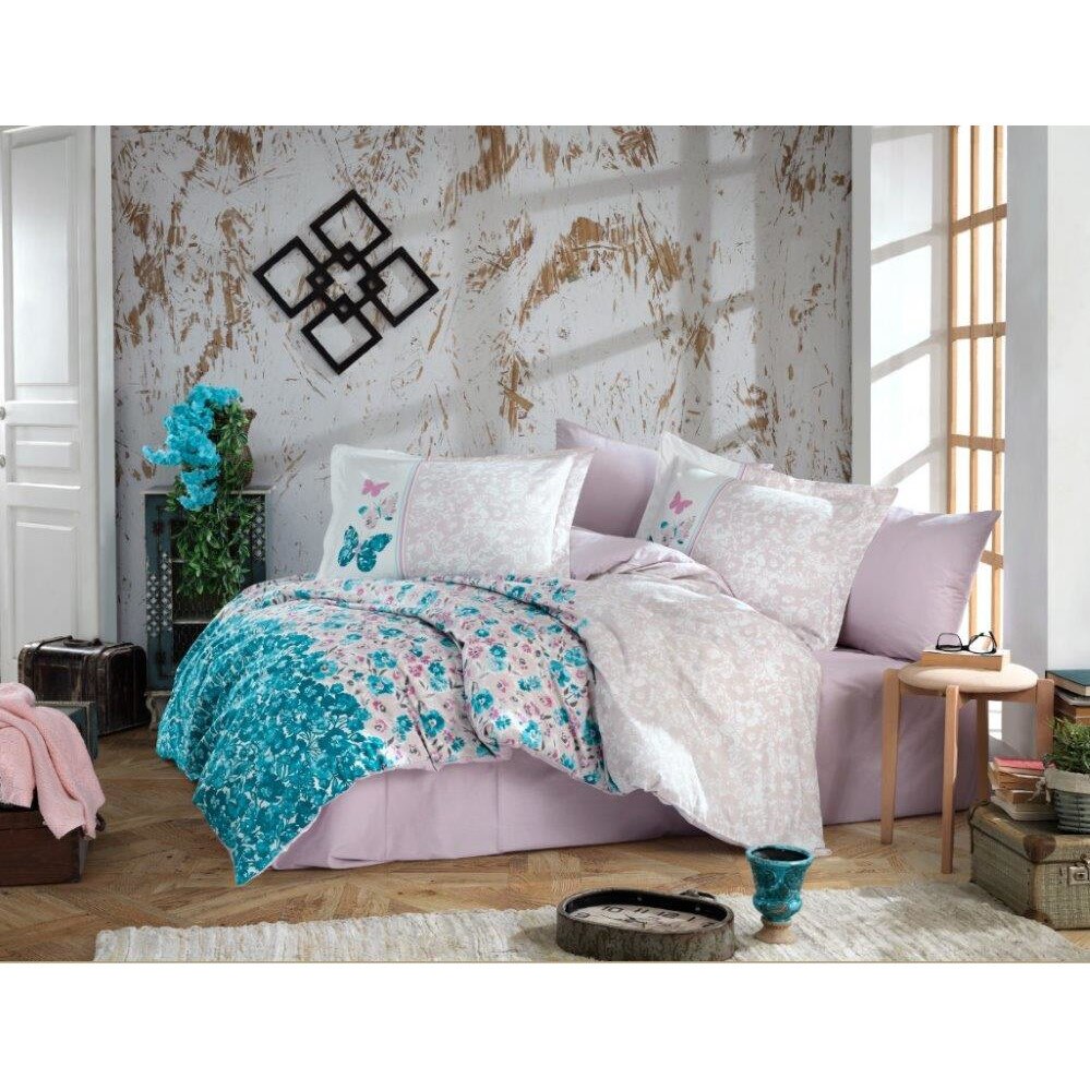 Lenjerie de pat bumbac Hobby Felicita Turqoaz, pentru pat dublu, 4 piese, 200x220 / 50x70, 100% bumbac poplin