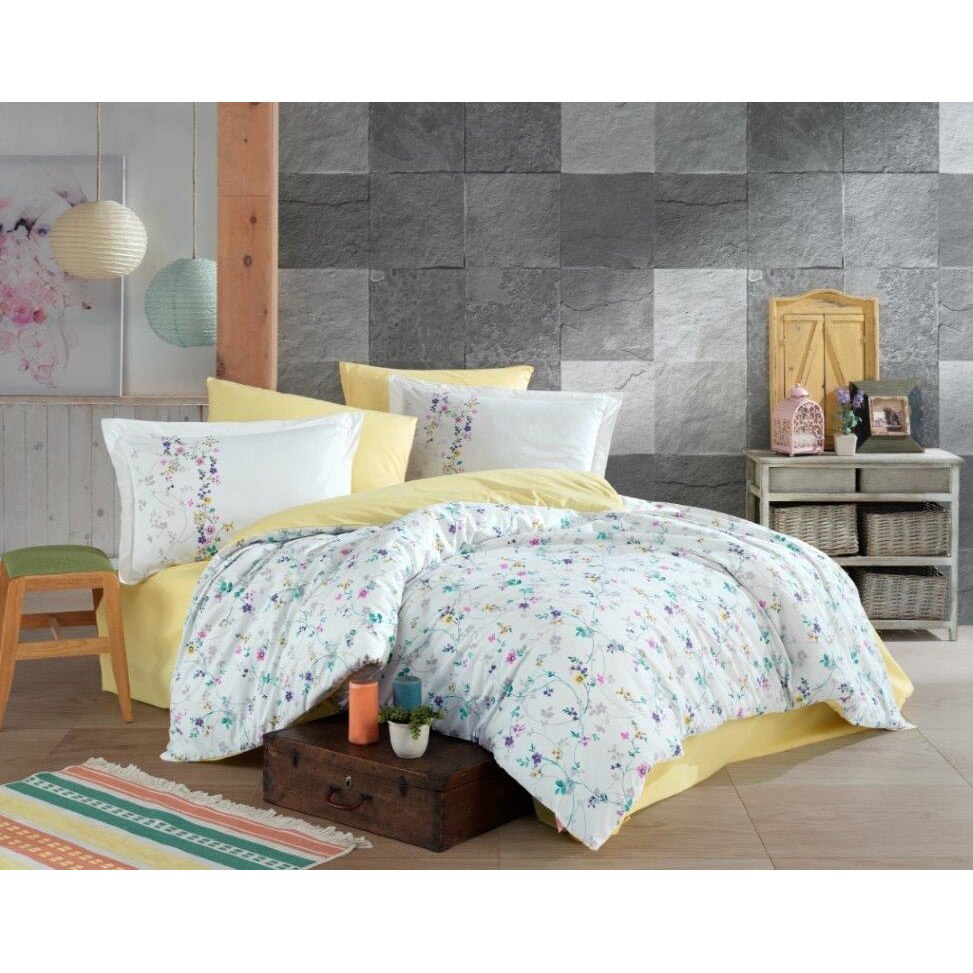 Lenjerie de pat bumbac Hobby Orient Yellow, pentru pat dublu, 4 piese, 200x220 / 50x70, 100% bumbac poplin