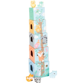 Turn din cuburi de constructie, cu animale salbatice, pastel Turn din cuburi de constructie, cu animale salbatice, pastel