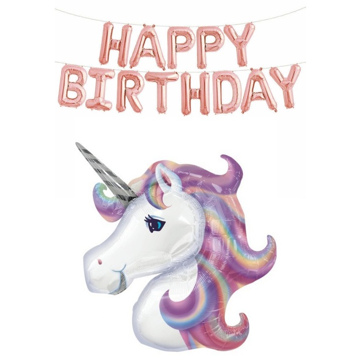 Комплект балони Happy Birthday, фолиеви, 43 см, гигантски еднорог, 110 см, It's Party Time, Rose Gold