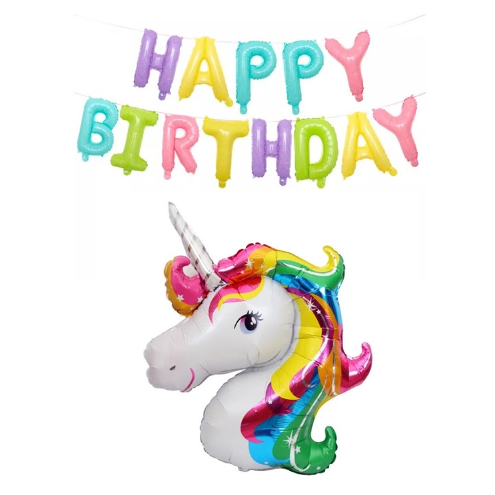 Комплект фолиеви балони Happy Birthday, Многоцветен, 40 см + фолиев балон Giant Rainbow Unicorn, 110 см, Време е за парти