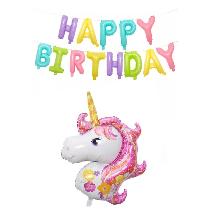 Комплект фолиеви балони Happy Birthday, многоцветен, 40 см и фолиев балон Unicorn Rose Giant, 110 см, It's Party Time