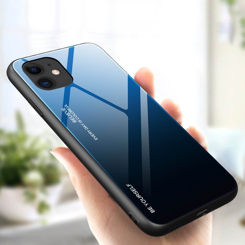 Husa iPhone 12 Pro / iPhone 12, Gradient Glass Durable, Spate din Sticla Securizata, Albastru