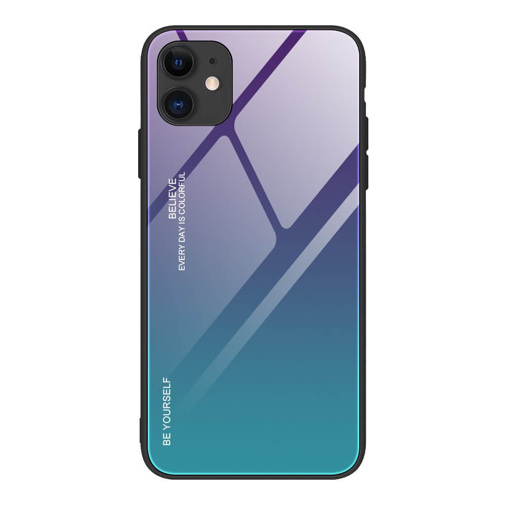 Husa iPhone 12 Pro / iPhone 12, Gradient Glass Durable, Spate din Sticla Securizata, Verde / Violet