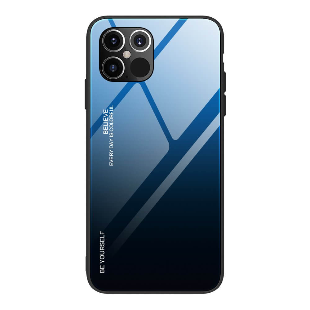 Husa iPhone 12 Pro Max, Gradient Glass Durable, Spate din Sticla Securizata, Albastru