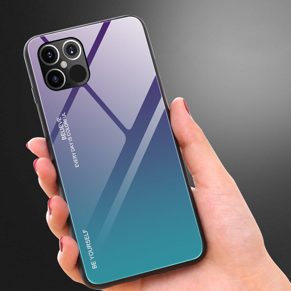 Husa iPhone 12 Pro Max, Gradient Glass Durable, Spate din Sticla Securizata, Verde / Violet