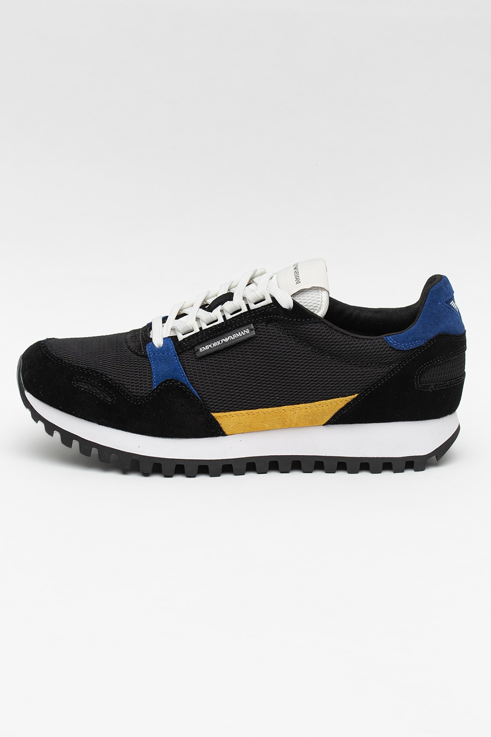 Emporio Armani, Pantofi sport cu model colorblock si insertii din piele intoarsa, Negru/Mustar/Albastru, 10