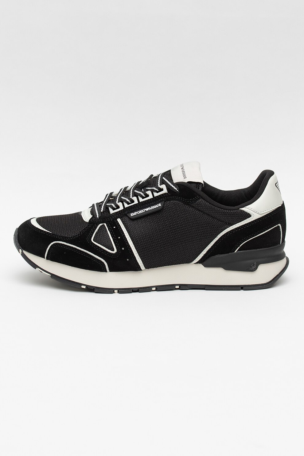 Emporio Armani, Pantofi sport din plasa cu insertii din piele intoarsa, Negru/Alb, 10