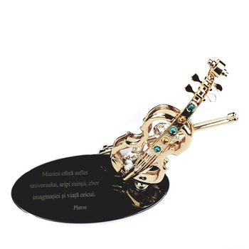 Vioara placata cu aur 24 karate, Crystocraft, cu citat motivational cu cristale 80mm/80mm/30mm Vioara placata cu aur 24 karate, Crystocraft, cu citat motivational cu cristale 80mm/80mm/30mm