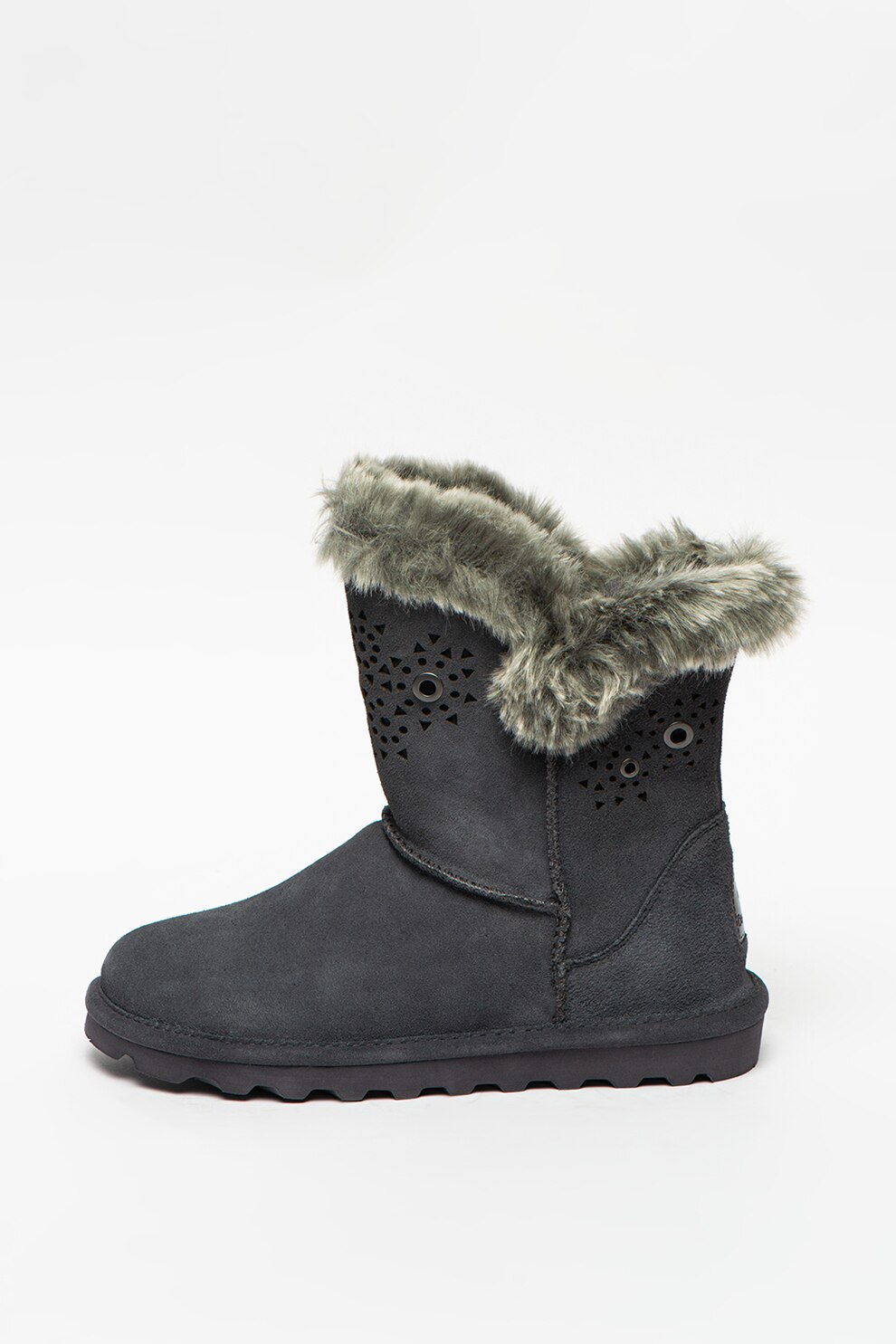 BEARPAW, Ghete de piele intoarsa cu garnitura de blana sintetica, fara inchidere Andrea, Gri carbune, 36