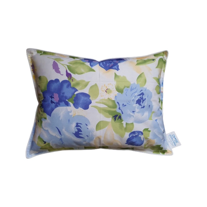 Perna traditionala din puf de gasca, HTT, model 100% bumbac, culoare Alb/Flori, dimensiuni 30x40x20 cm, greutate 0,170 kg, forma dreptunghiulara, cusatura dubla
