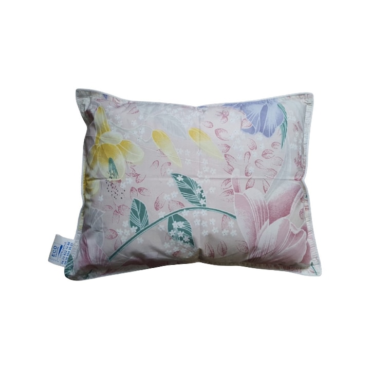 Perna traditionala din puf de gasca, HTT, model 100% bumbac, culoare Roz/Flori, dimensiuni 30x40x20 cm, greutate 0,170 kg, forma dreptunghiulara, cusatura dubla